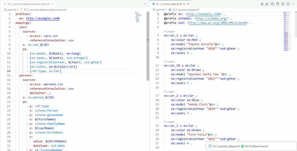 Side-by-side view of a YARRRML mapping file and the resulting RDF Turtle output generated from CSV data