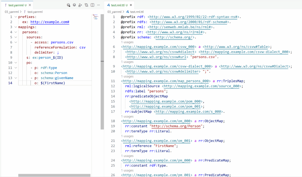 Screenshot comparing a concise YARRRML mapping with a verbose equivalent RML mapping